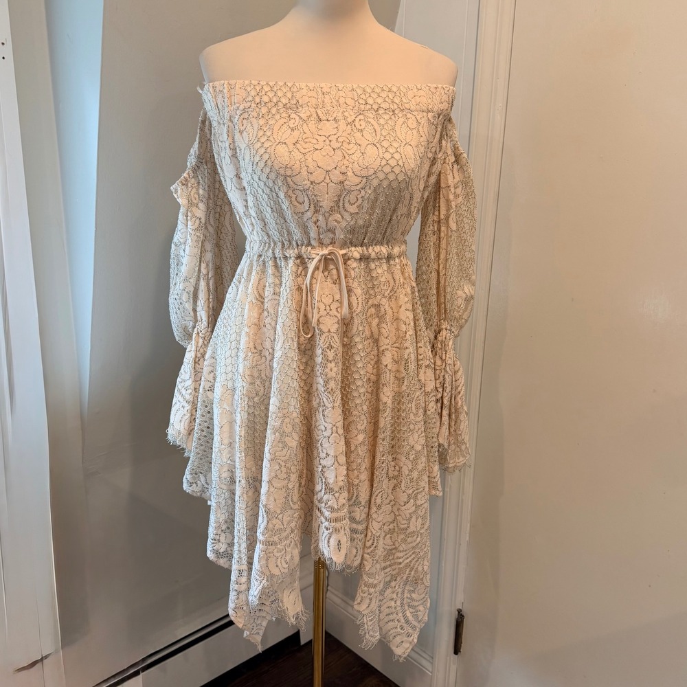 Shona Joy Cream/Blush Lace Off The Shoulder Mini Dress Handkerchief Hem | Size 4